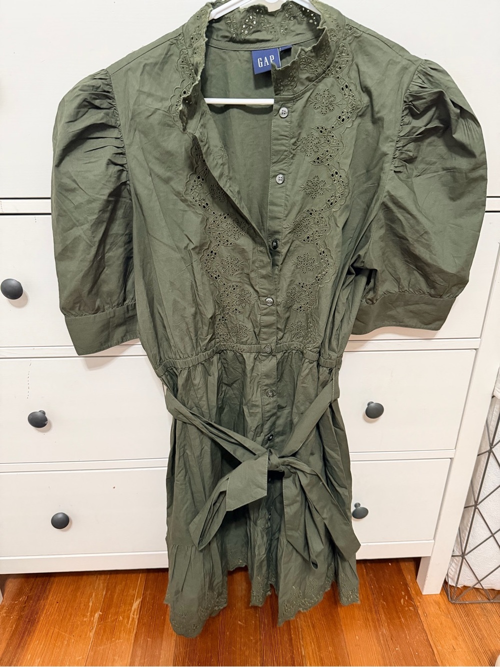 GAP Olive Green Eyelet Waist-Tie Midi Dress